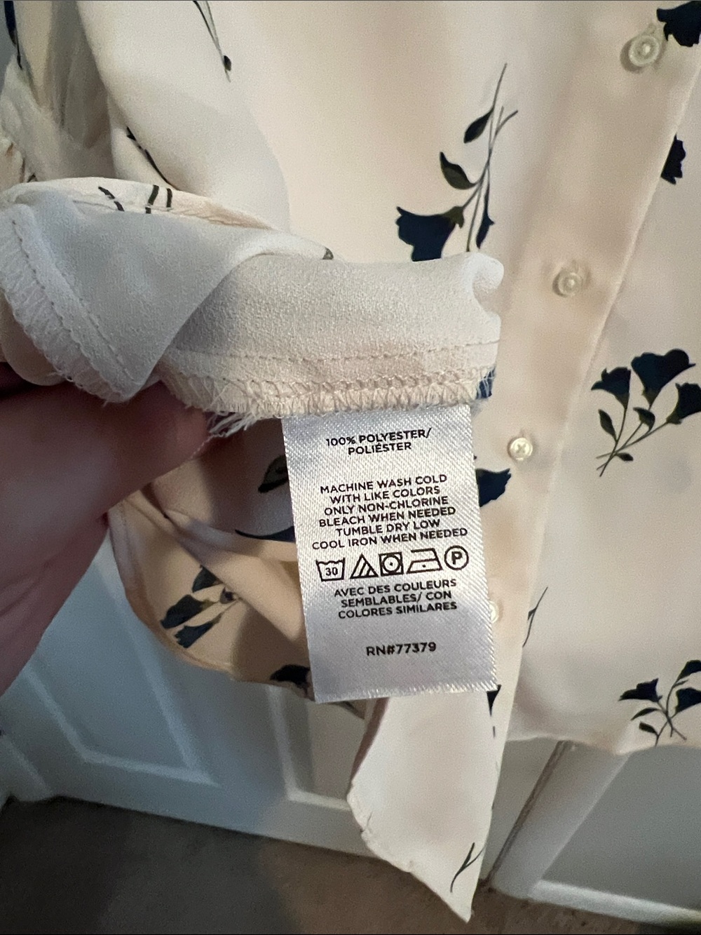 Ann Taylor Cream Blouse with Navy Floral Print and Ruffle Sleeves - Picture 3 of 4